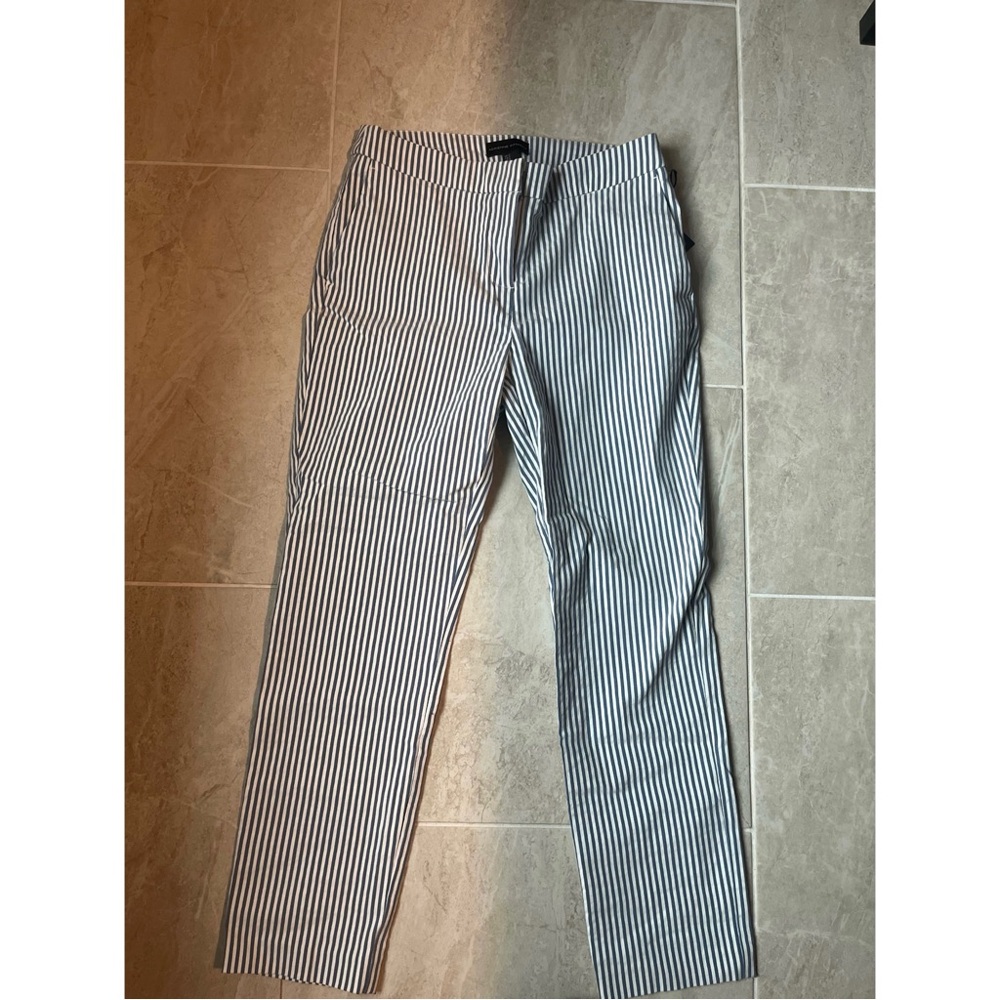 Adrienne Vittadini Navy Blue and White Vertical Stripe Straight-Leg Pants